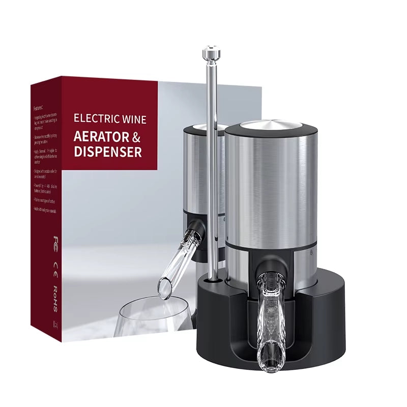 Electric Wine Aerator & Dispenser - Stainless steel, dual pour modes (continuous/75ml), built-in aerating, 30+ bottle capacity