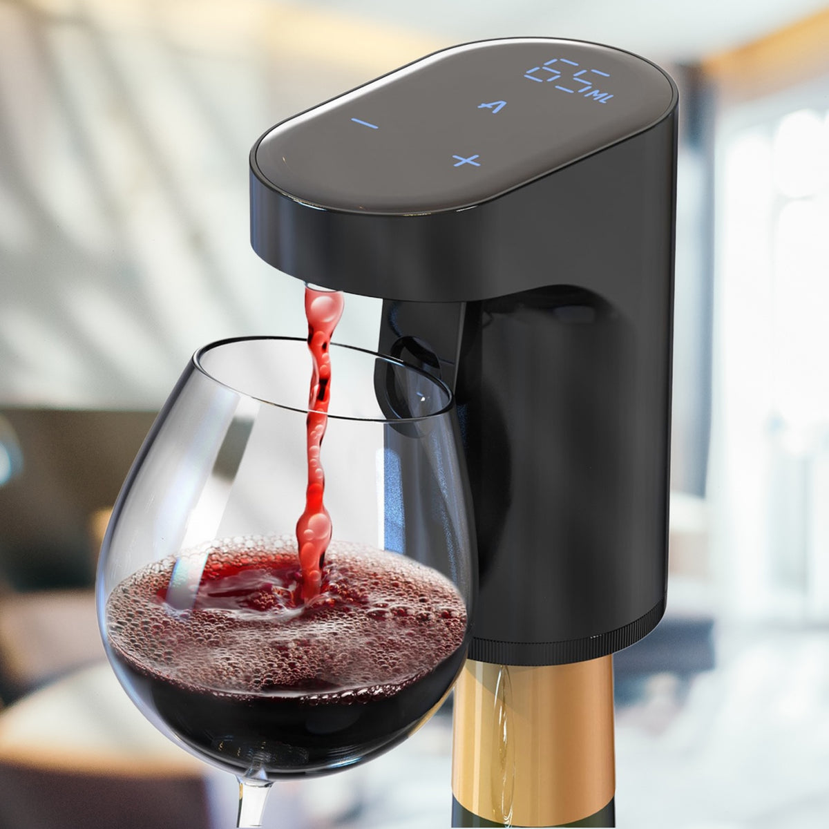 SipVault smart dispenser mounted on a liquor bottle, pouring a measured shot